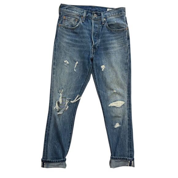 Levis 501 Jeans Womens SELVEDGE White Oak Cone Denim Button Fly Skinny 26 x 28 - Picture 1 of 16